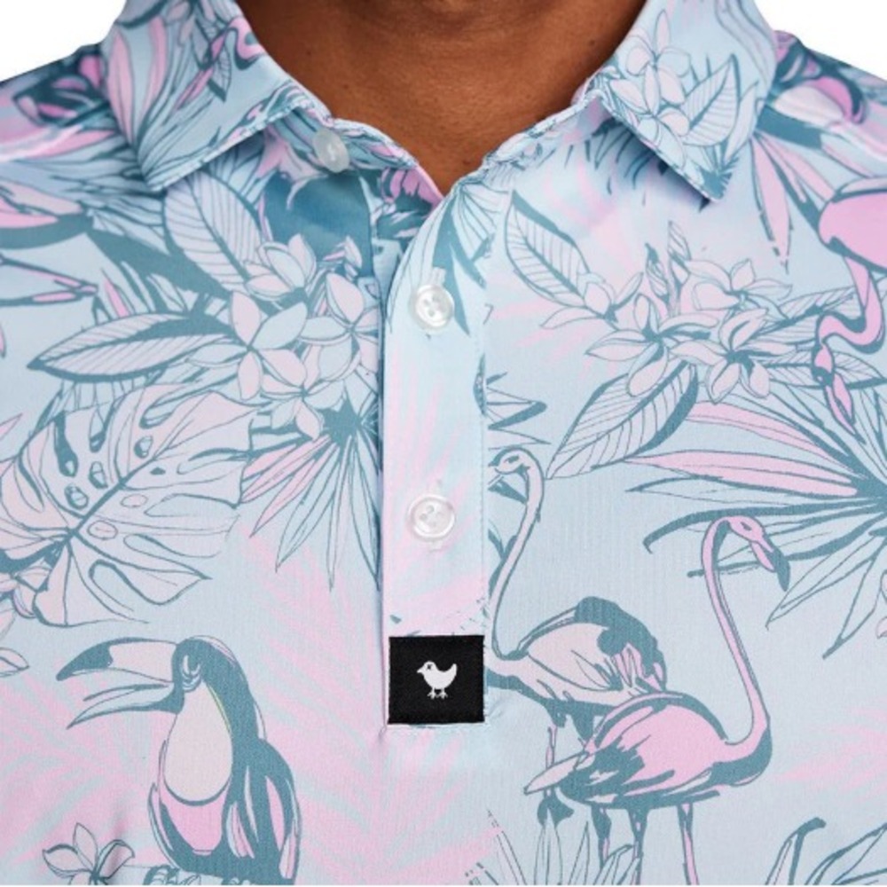 Bad Birdie Tropical Watch Golf Polo Mens 2XL Flamingo Toucan Hawaiian Pastel AOP - Picture 6 of 16